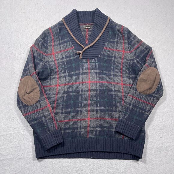 MASSIMO DUTTI Sweater Elbow Pads‎ XL Plaid Wool Cashmere Cowl Neck Blue - Picture 1 of 10